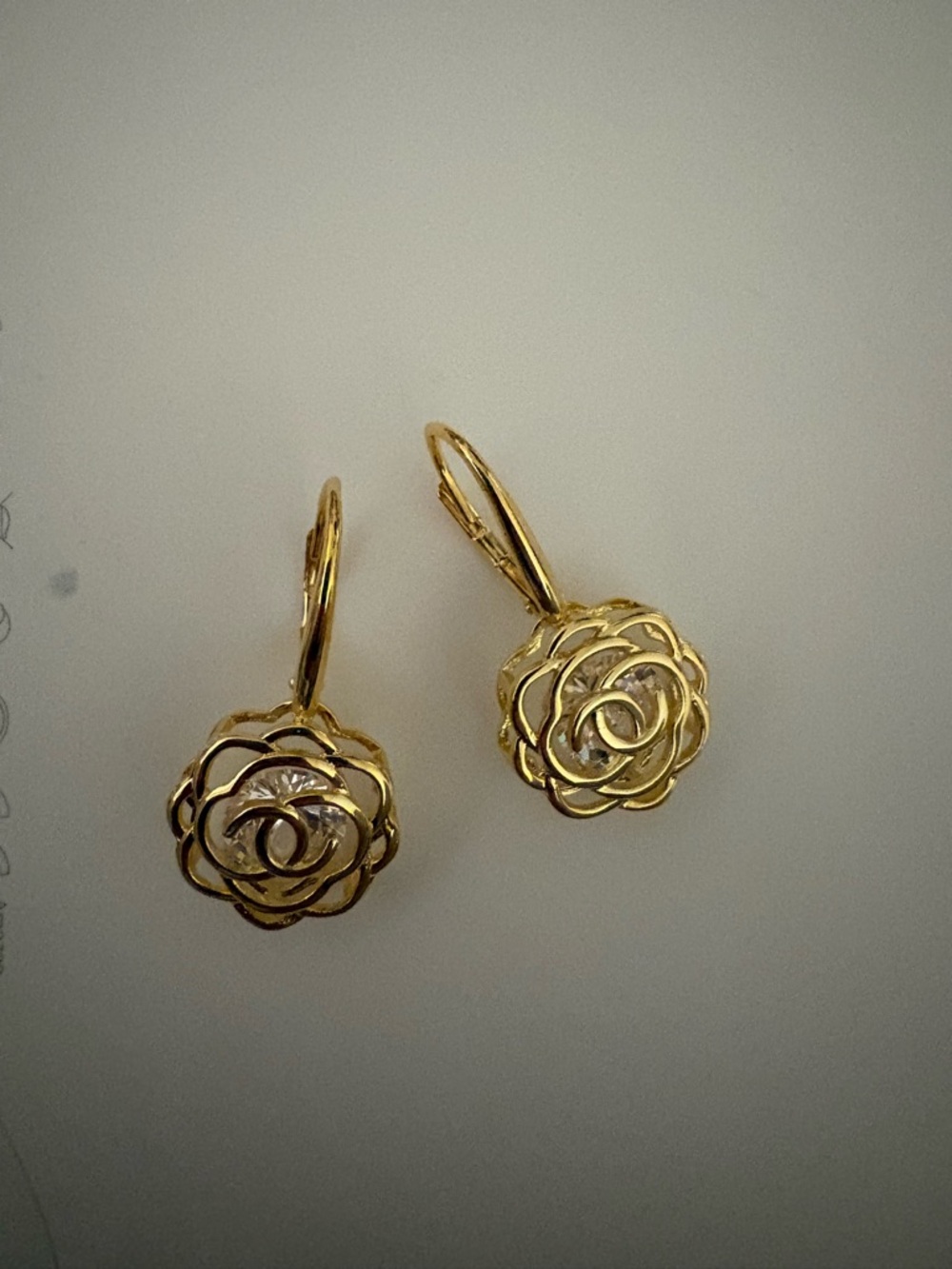 Gold Floral Drop Earrings with Crystal Accent - Unbranded
